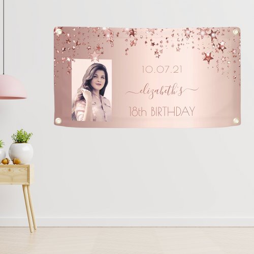 18th birthday photo rose gold pink glittery stars banner