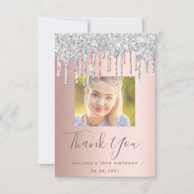 18th birthday photo rose gold silver drips thank you card (Front)