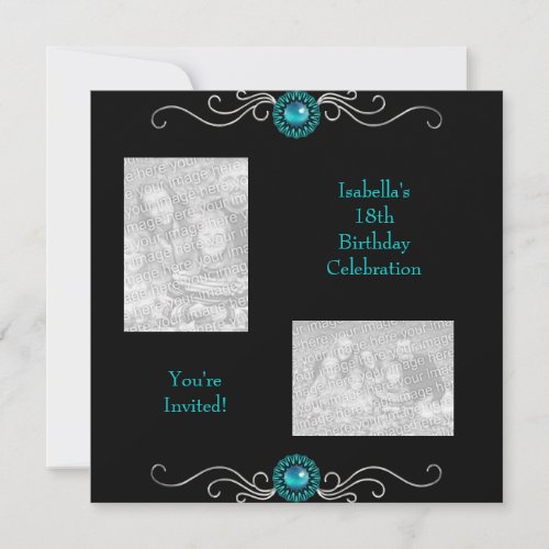 18th Birthday Photos Black Silver Green Blue Jewel Invitation