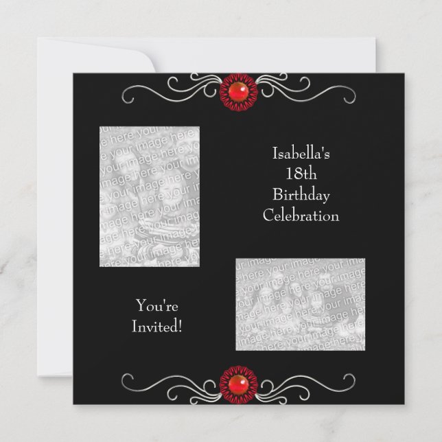 18th Birthday Photos Black Silver Red Jewel Trim Invitation (Front)