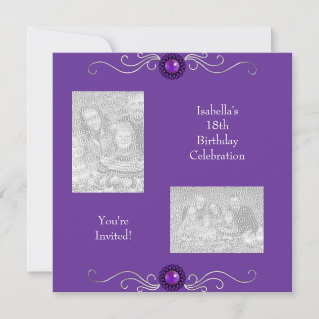 18th Birthday Photos Silver Purple Jewel Invitation (Front)
