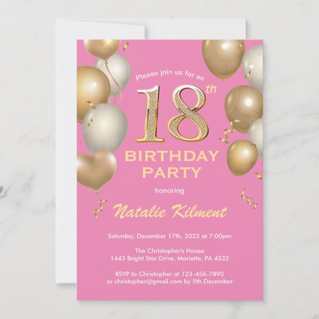18th Birthday Pink and Gold Glitter Balloons Invitation (Front)