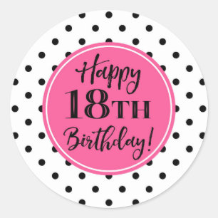 18th Birthday Pink Black White Dots Classic Round Sticker