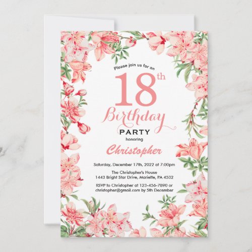 18th Birthday Pink Boho Botanical Floral Flowers Invitation