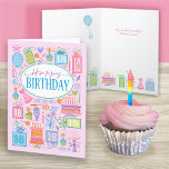 18th Birthday Pink Card<br><div class="desc">A bright pastel feminine birthday card for a 18th Birthday full of everything you need for celebration. Cakes,  presents,  balloon,  flowers,  and party hats fill the card on a pink background and also form the bottom border on the inside of the card.</div>