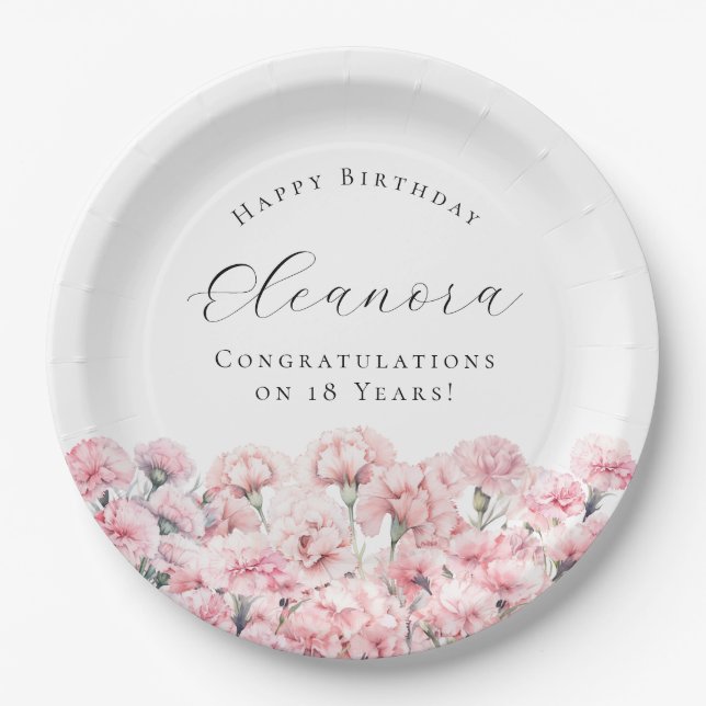 18th Birthday Pink Carnation January Birth Flower Paper Plates (Front)
