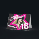 18th birthday pink custom photo card<br><div class="desc">Celebrate a 18th Birthday with this fun bright pink, black and white star eighteenth photo birthday card. Personalize this card with your own choice of name and photograph of the eighteen year old birthday girl. Great idea for adding some fun to a special 18th birthday party. Can be used to...</div>