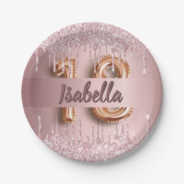 18th birthday pink dusty rose glitter monogram paper plates (Front)