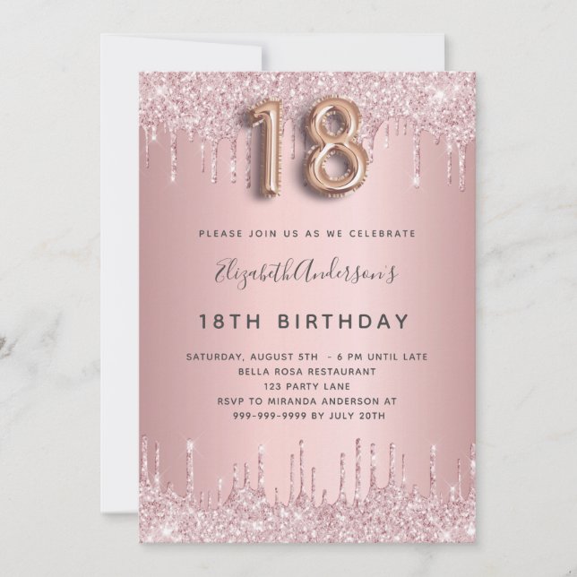 18th Birthday pink dusty rose glitter pink luxury Invitation (Front)