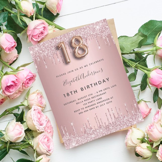 18th Birthday pink dusty rose glitter pink luxury Invitation Postcard (Creator Uploaded)