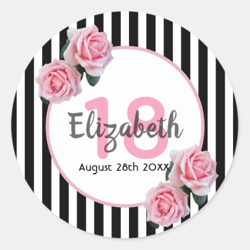 18th birthday pink florals black stripes name classic round sticker