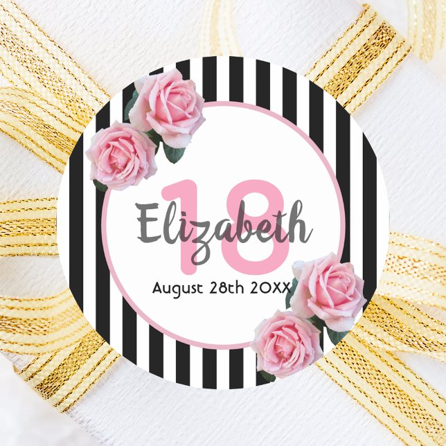 18th birthday pink florals black stripes name classic round sticker (Creator Uploaded)