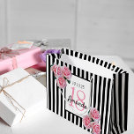 18th birthday pink florals black white stripes large gift bag<br><div class="desc">Classic slim black and white vertical stripes as background. With girly, feminine and romantic pink flowers, roses as decoration. Perfect for an elegant 18th birthday party for her. A white and black frame with templates for name, age and a date. Age number 18 in pink, name and date in black....</div>
