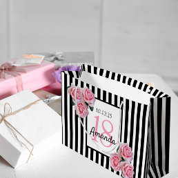 18th birthday pink florals black white stripes large gift bag