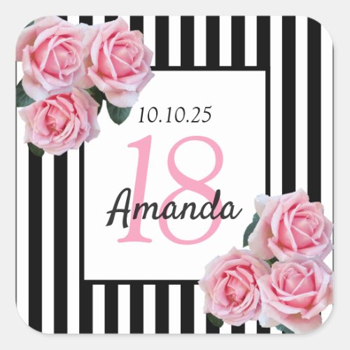 18th birthday pink florals on black white stripes square sticker