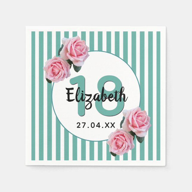 18th birthday pink florals teal green stripes name napkins (Front)
