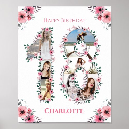18th Birthday Pink Flower Girl Photo Collage White Poster