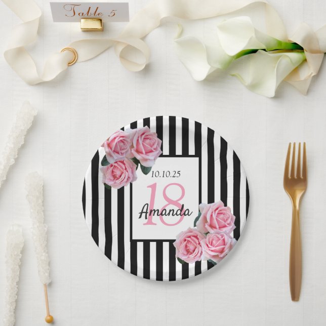18th birthday pink flowers black white stripes paper plates (Wedding)