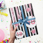 18th birthday pink glitter black white stripes wrapping paper<br><div class="desc">Classic slim black and white vertical stripes as background. With girly, feminine and romantic pink roses and pink faux glitter drips, paint dripping look as decoration. Perfect for an elegant 18th birthday party for her. White and black frames with templates for name and age. Age number 18 in pink, name...</div>