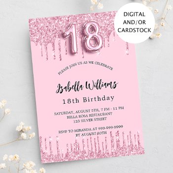 18th Birthday Pink Glitter Drips Party Invitation by Thunes at Zazzle