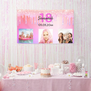 18th birthday pink glitter drips photo banner