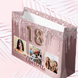 18th birthday pink glitter drips photo monogram large gift bag<br><div class="desc">A gift bag for a girly and glamorous 18th birthday. A pink faux metallic looking background with faux glitter drips, paint dripping look. Personalize and add 3 photos and a name. Number 18 is written with a balloon style font. Perfect as a party favor bag or as a gift bag....</div>