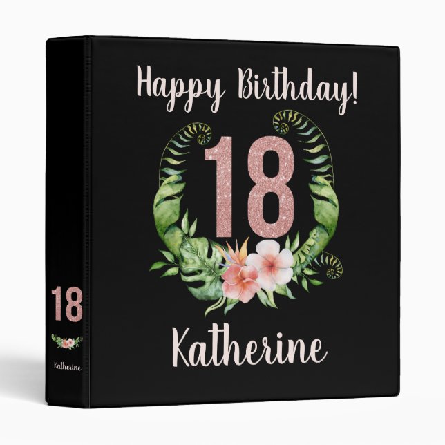 18th Birthday Pink Glitter Name Photo 3 Ring Binder (Front/Spine)