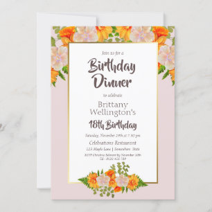 18th Birthday Pink Orange Gold Floral Party Invitation