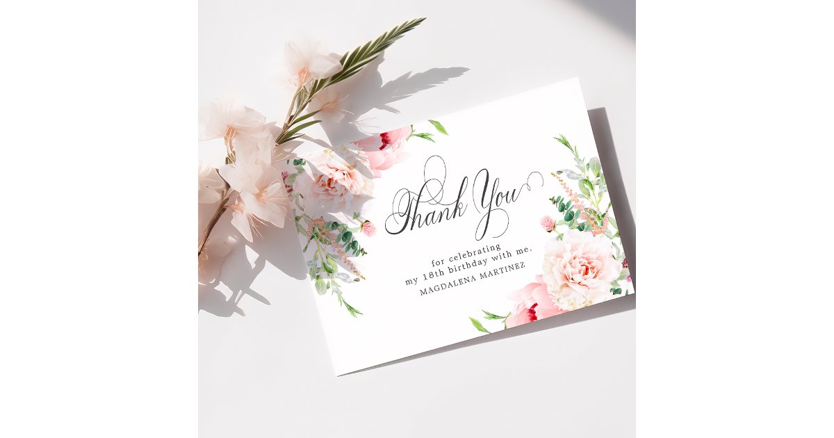 18th Birthday Pink Peony Floral Flat Thank You Card | Zazzle