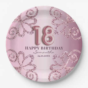 18th Birthday Pink Princess Glitter Balloon Script Paper Plates