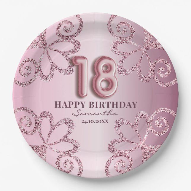 18th Birthday Pink Princess Glitter Balloon Script Paper Plates (Front)