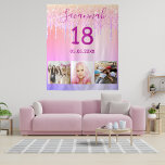 18th birthday pink purple photo glitter drips name tapestry<br><div class="desc">For a 18th birthday party. A collage of 3 of your photos of herself friends, family, interest or pets. A purple, pink and rose gold colored gradient background. Decorated with faux glitter drips. Personalize and add her name, age 18 and a date. Date of birth or the date of the...</div>