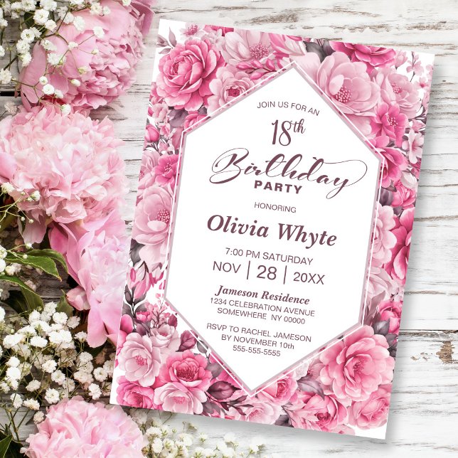 18th Birthday Pink Rose Floral Party Invitation (Creator Uploaded)