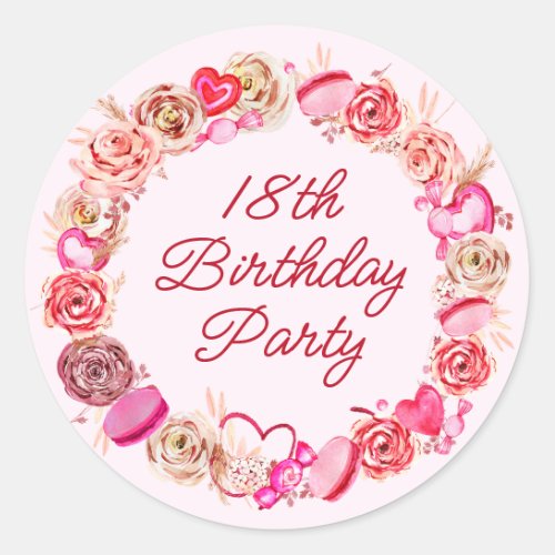 18th Birthday Pink Rose Swirly Heart Envelope Classic Round Sticker
