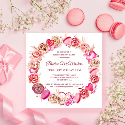 18th Birthday Pink Rose Swirly Heart Valentine Invitation