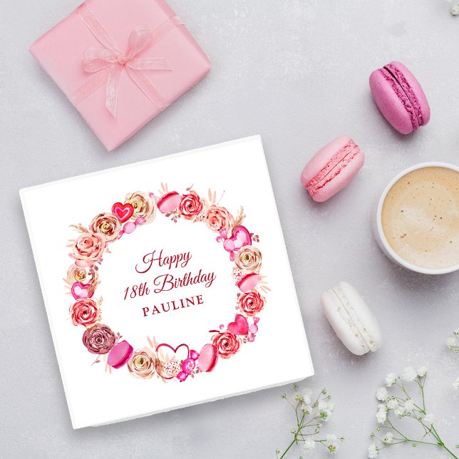 18th Birthday Pink Rose Swirly Heart Valentine's  Napkins (Creator Uploaded)