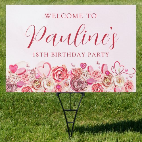 18th Birthday Pink Rose Swirly Heart Welcome Yard Sign