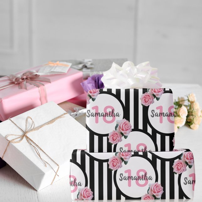 18th birthday pink roses black white stripes Paris Wrapping Paper (Creator Uploaded)