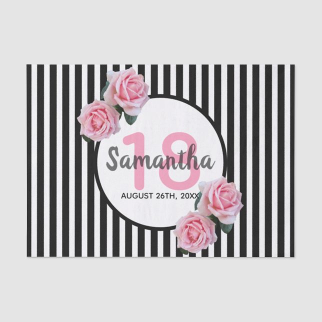 18th birthday pink roses black white stripes tissue paper (Front)