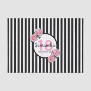 18th birthday pink roses black white stripes tissue paper