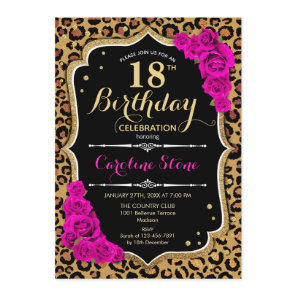 18th Birthday - Pink Roses Leopard Print Invitation