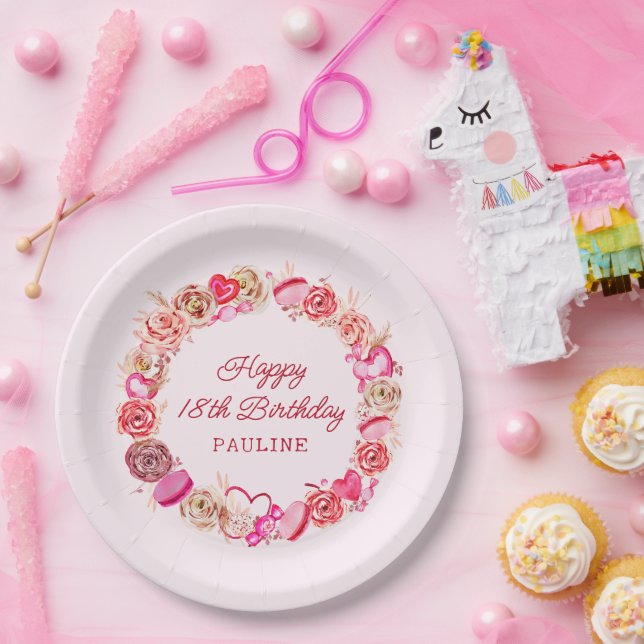 18th Birthday Pink Roses Swirly Heart Paper Plates (Party)