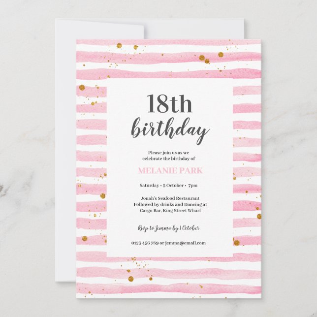 18th Birthday Pink Stripe Party Invitation (Front)