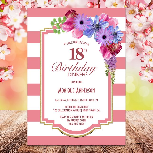 18th Birthday Pink Striped Floral Dinner Party Invitation (Creator Uploaded)