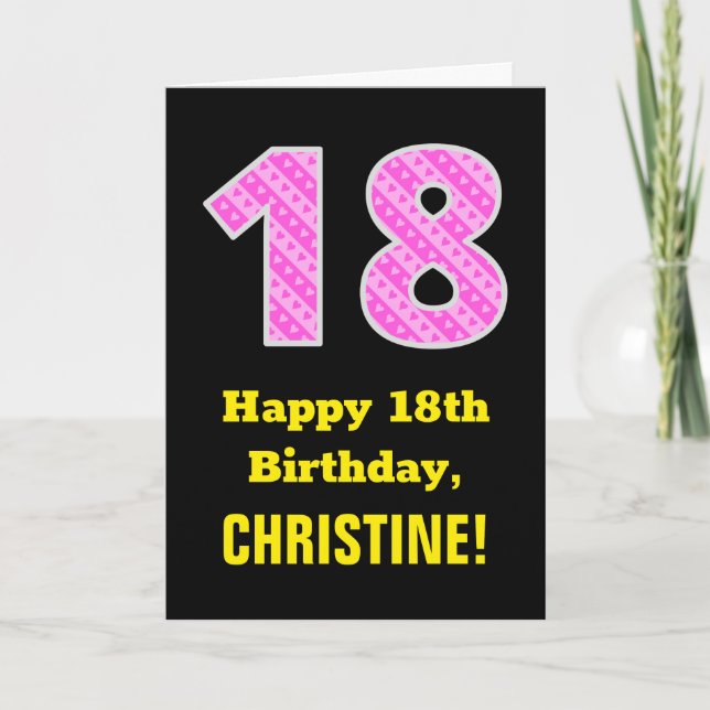 18th Birthday: Pink Stripes and Hearts "18" + Name Card (Front)