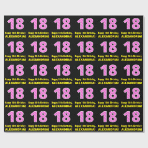18th Birthday: Pink Stripes and Hearts "18" + Name Wrapping Paper