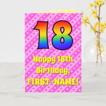 18th Birthday: Pink Stripes & Hearts, Rainbow # 18 Card | Zazzle