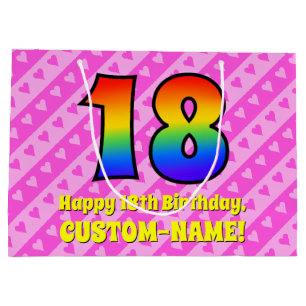 18th Birthday: Pink Stripes & Hearts, Rainbow # 18 Large Gift Bag