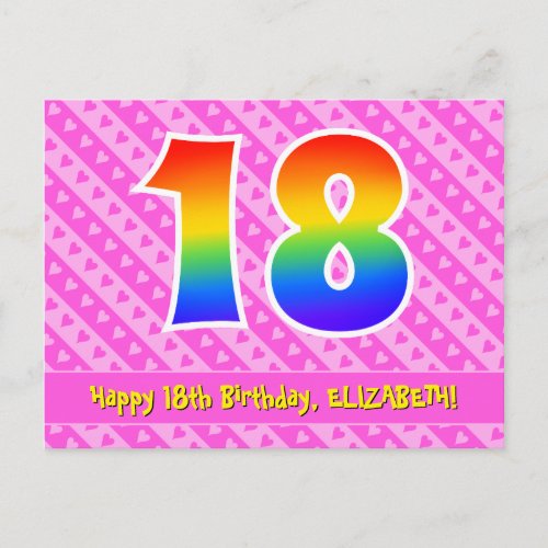 18th Birthday Pink Stripes  Hearts Rainbow 18 Postcard