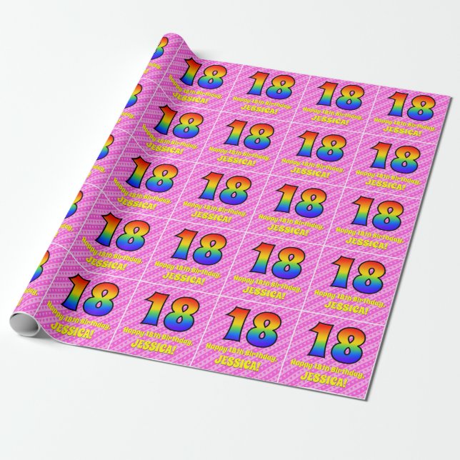 18th Birthday: Pink Stripes & Hearts, Rainbow # 18 Wrapping Paper (Unrolled)